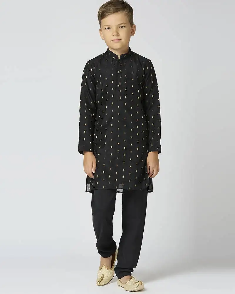 Full sleeves chanderi kurta, pyjama set with traditional butta work - black