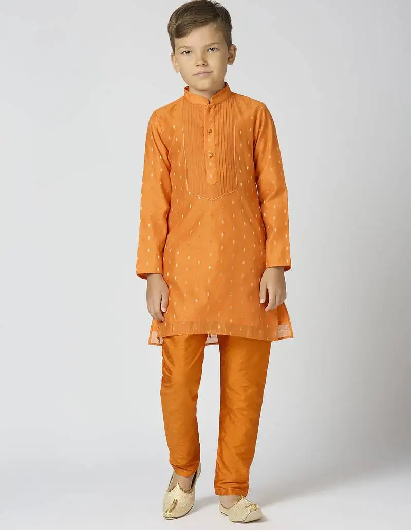 Full sleeves chanderi kurta, pyjama set with traditional butta work - orange
