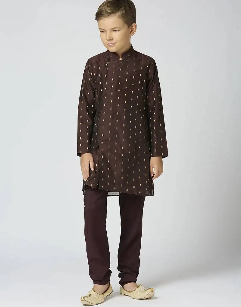 Full sleeves chanderi kurta, pyjama set with traditional butta work - brown