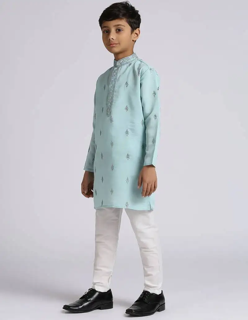 Traditional ethnic wear with silk sequence embroidery full sleeves kurta and pyjama set - teal blue
