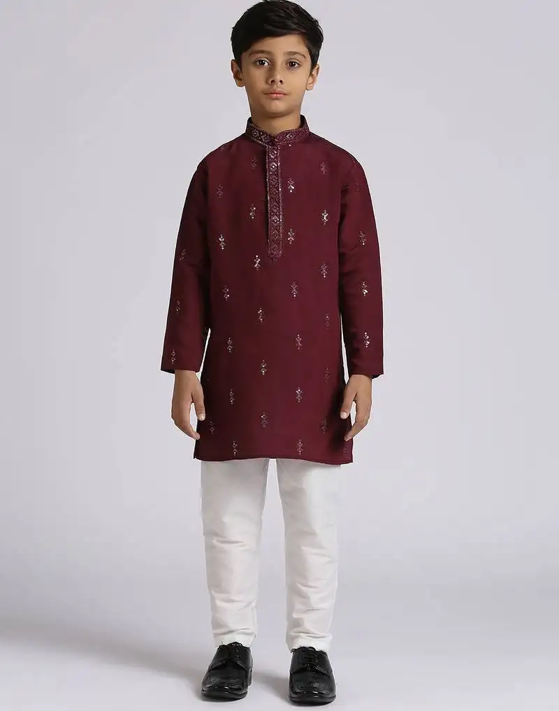 Traditional ethnic wear with silk sequence embroidery full sleeves kurta and pyjama set - wine