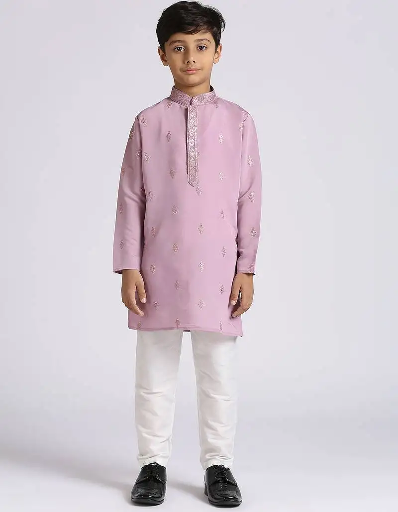 Traditional ethnic wear with silk sequence embroidery full sleeves kurta and pyjama set - purple