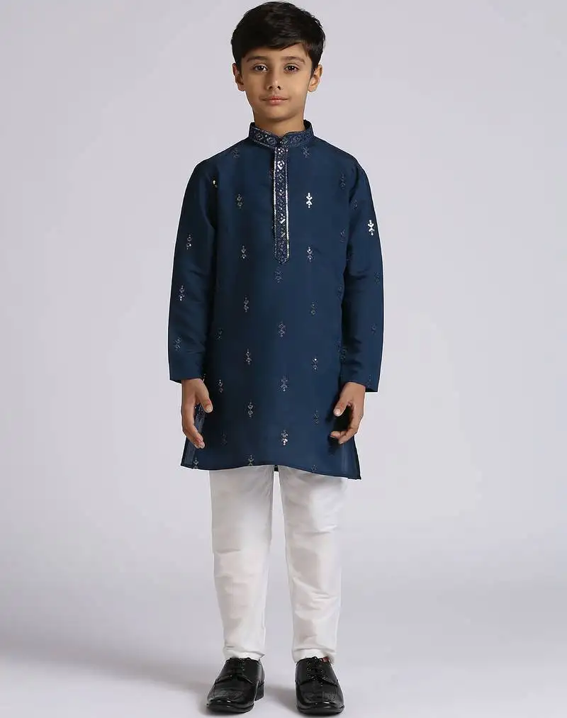 Traditional ethnic wear with silk sequence embroidery full sleeves kurta and pyjama set - blue