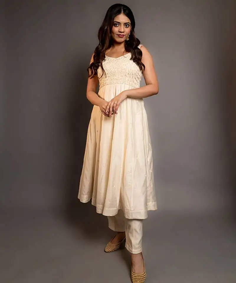White plain chanderi anarkali set