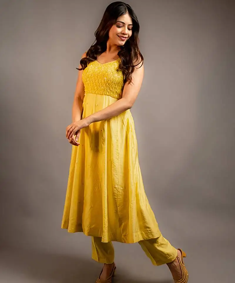 Yellow plain chanderi anarkali set