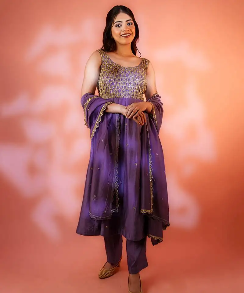 Purple embroidered chanderi anarkali set