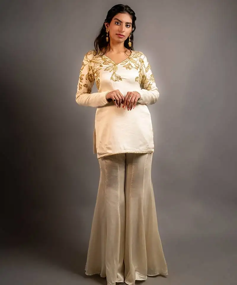 White embroidered satin kurta set