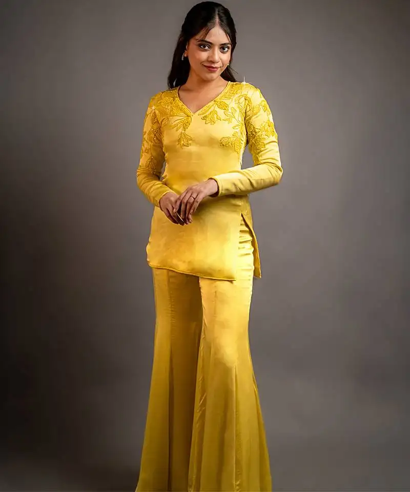 Yellow embroidered satin kurta set