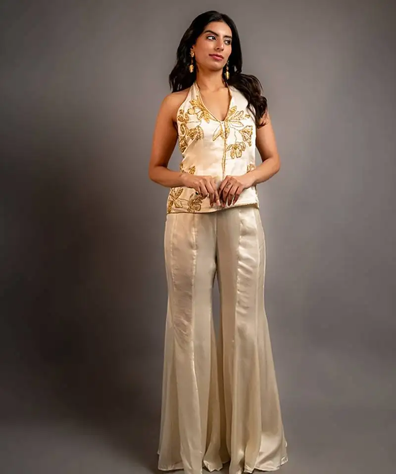 White embroidered satin sharara set