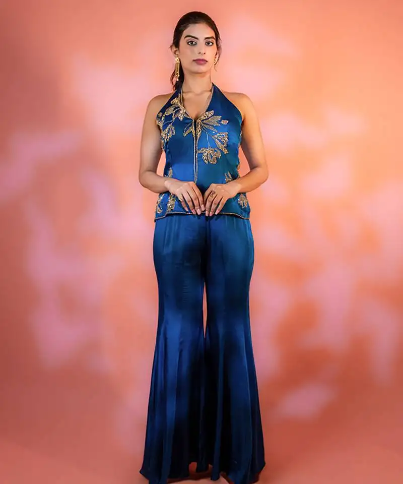 Navy-blue embroidered satin sharara set