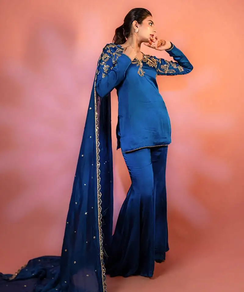 Blue embroidered satin sharara set