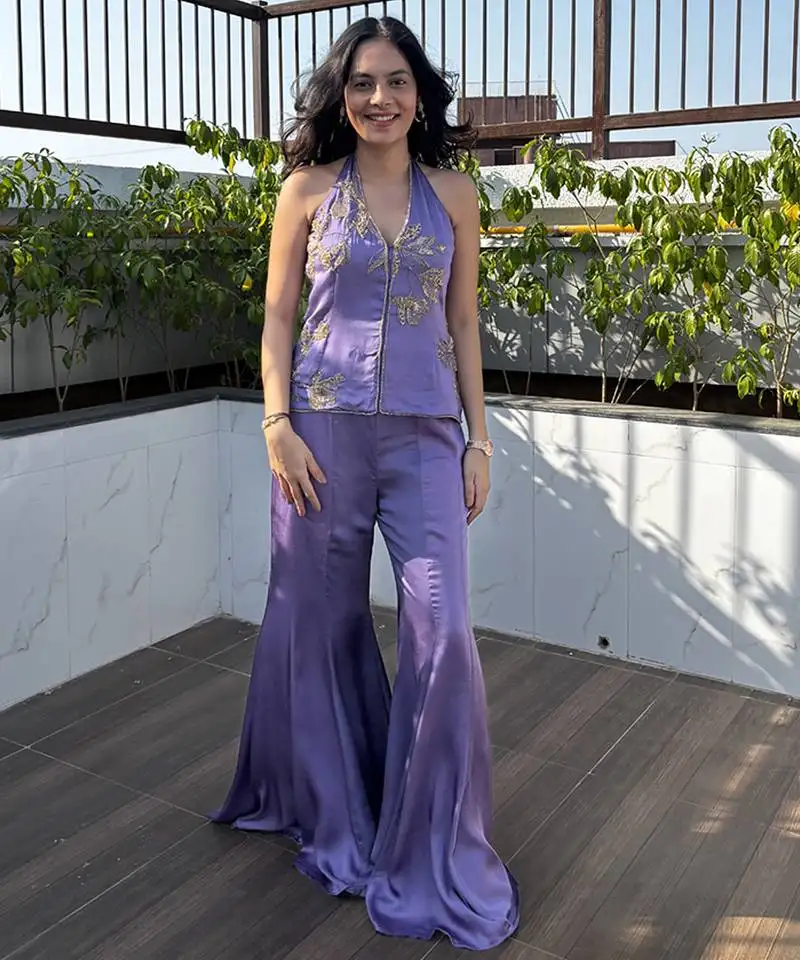 Light purple embroidered satin sharara set