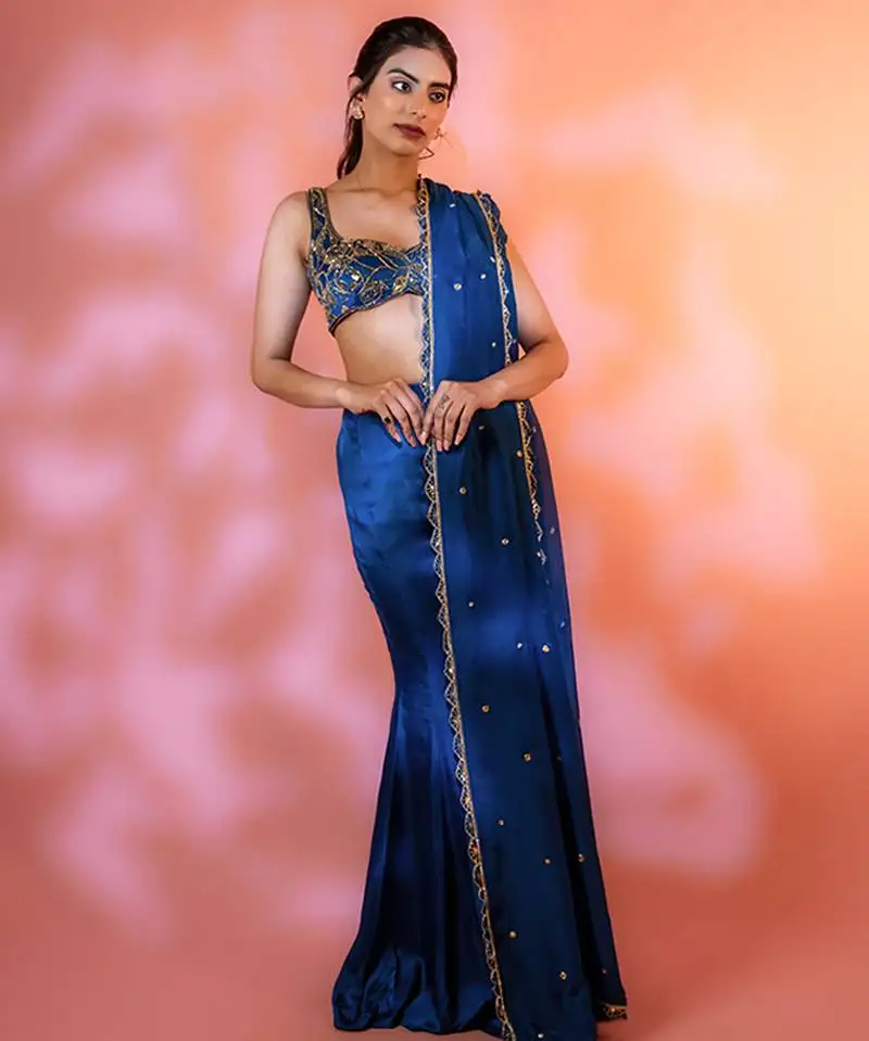Navy-blue embroidered satin saree