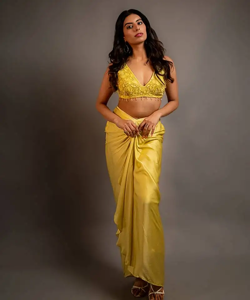 Yellow satin plain skirt with dupatta & embroidered blouse