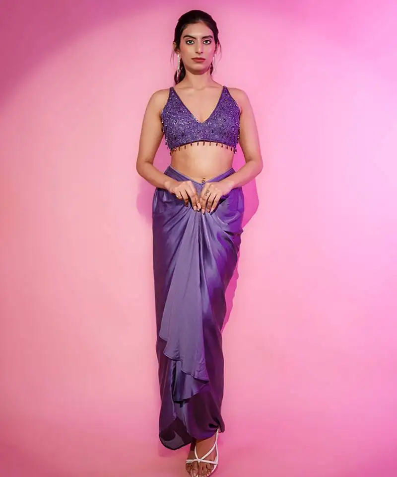 Blue satin plain skirt with dupatta & embroidered blouse