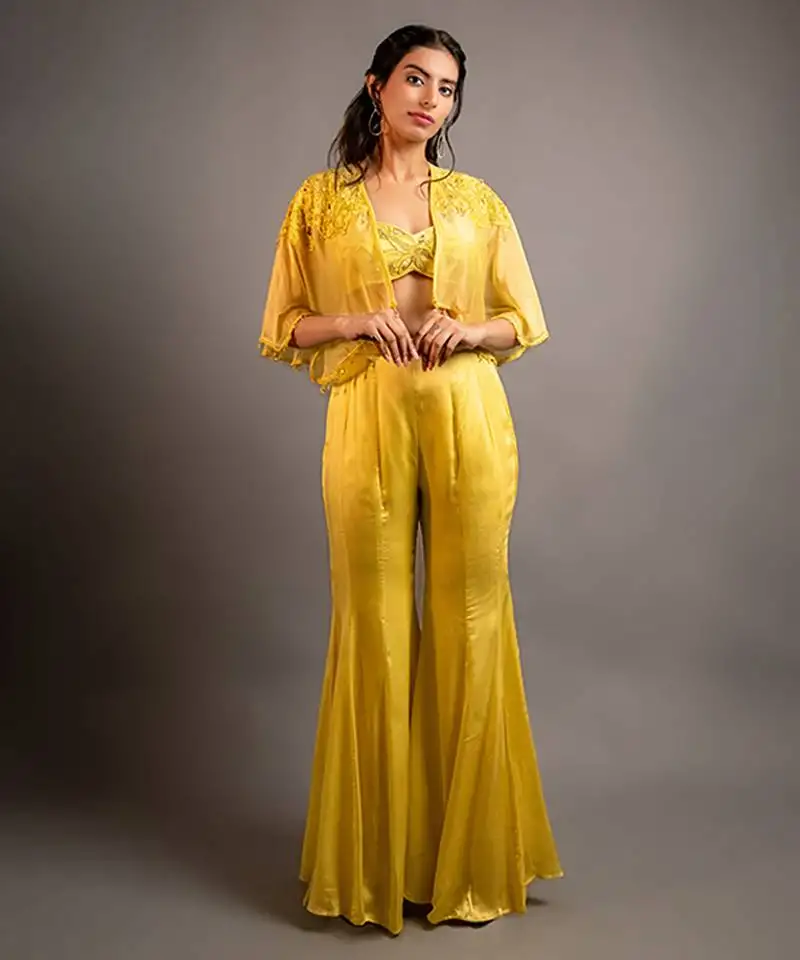 Yellow satin plain sharara with embroidered cape and blouse