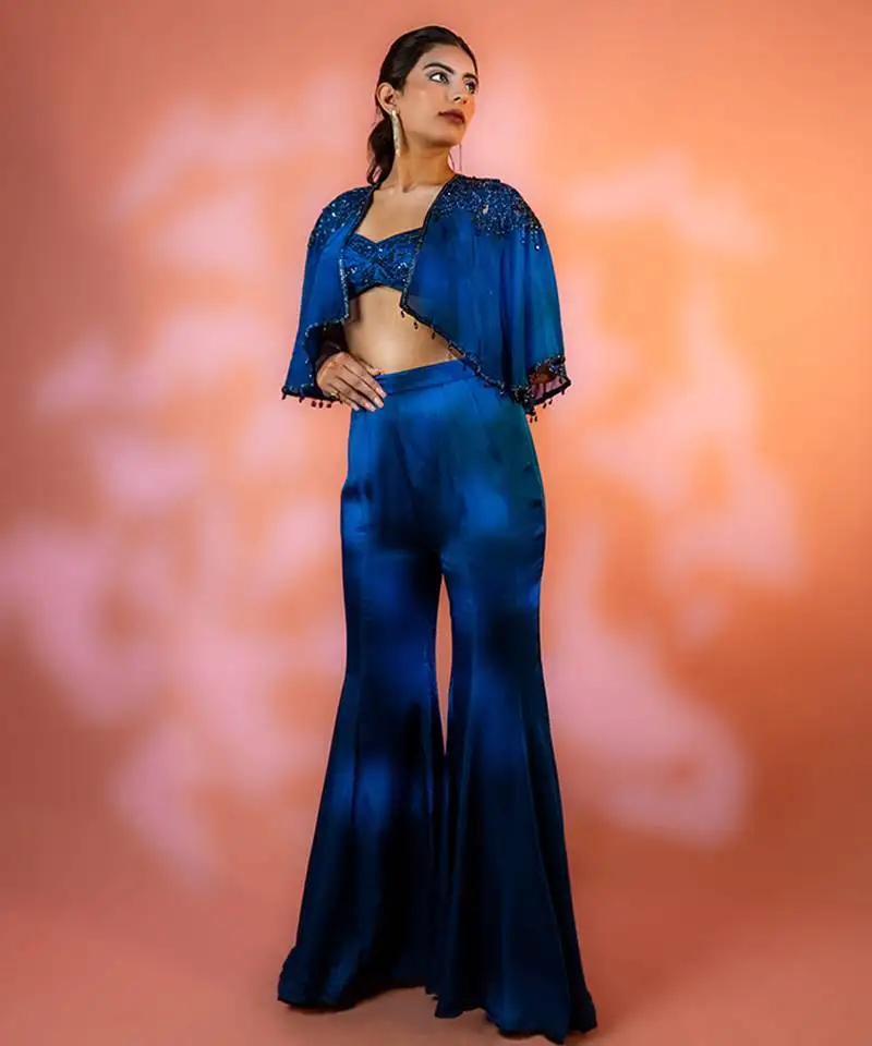 Blue satin plain sharara with embroidered cape and blouse