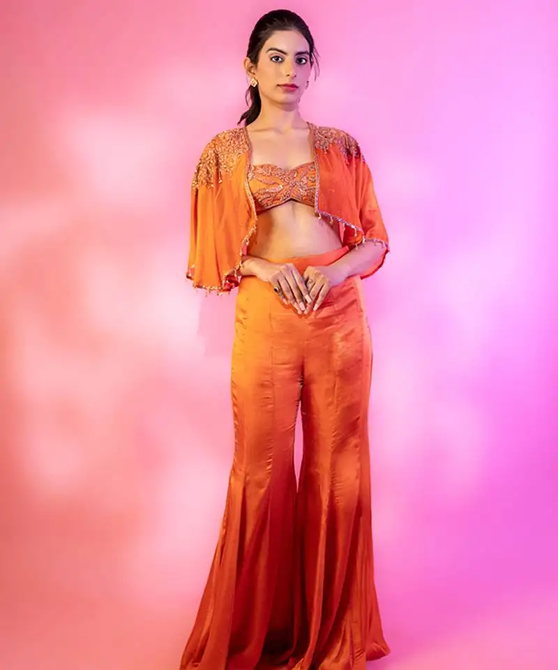 Rust satin plain sharara with embroidered cape and blouse