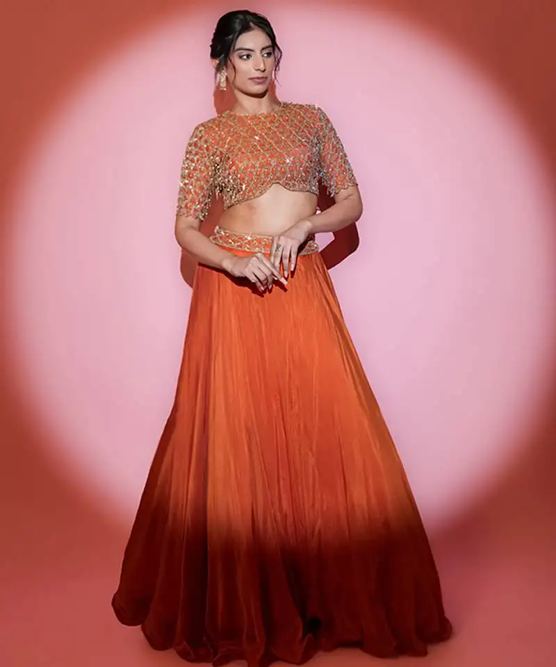 Orange organza plain lehenga with dupatta & embroidered blouse