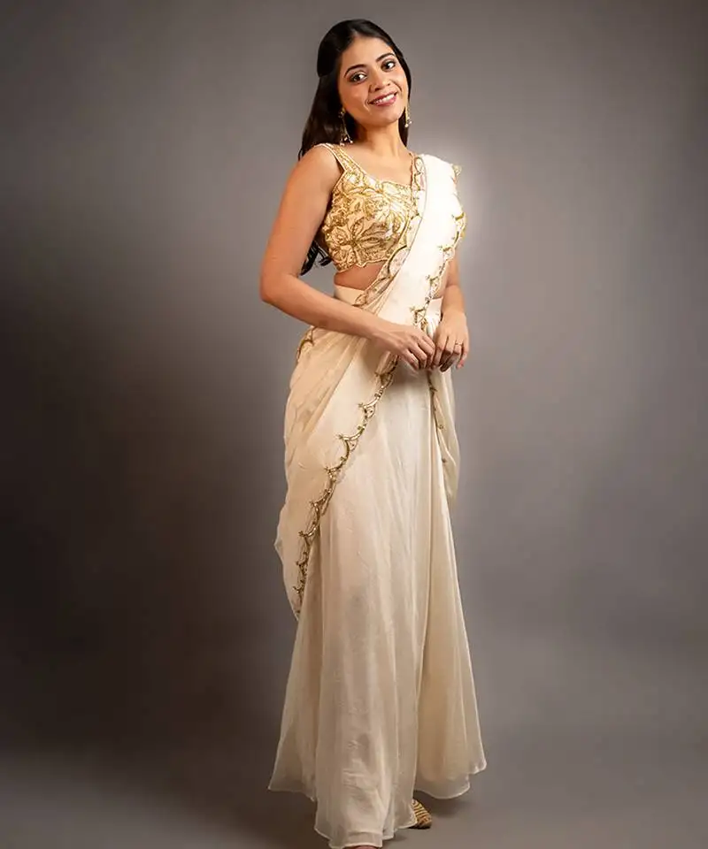 White organza embroidered saree with scallop border