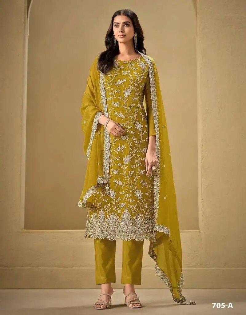 Yellow chinon silk semi stitched wedding suits