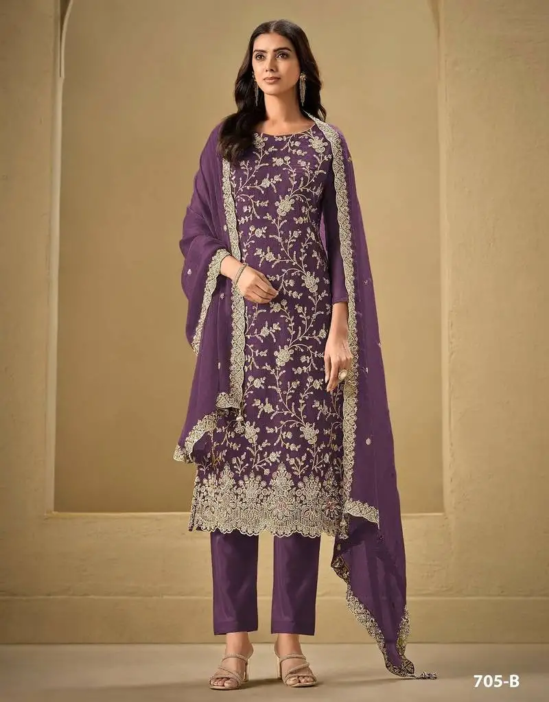 Dark purple chinon silk semi stitched wedding suits