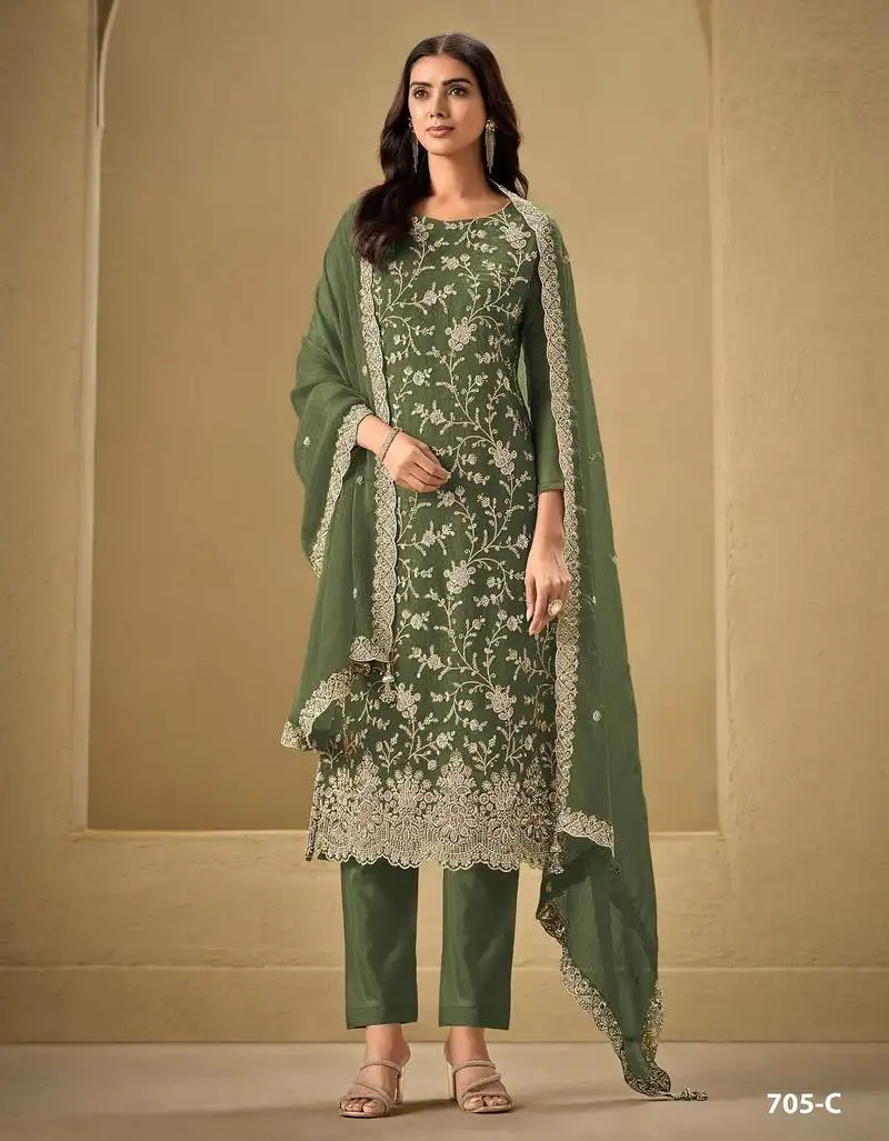 Dark green chinon silk semi stitched wedding suits