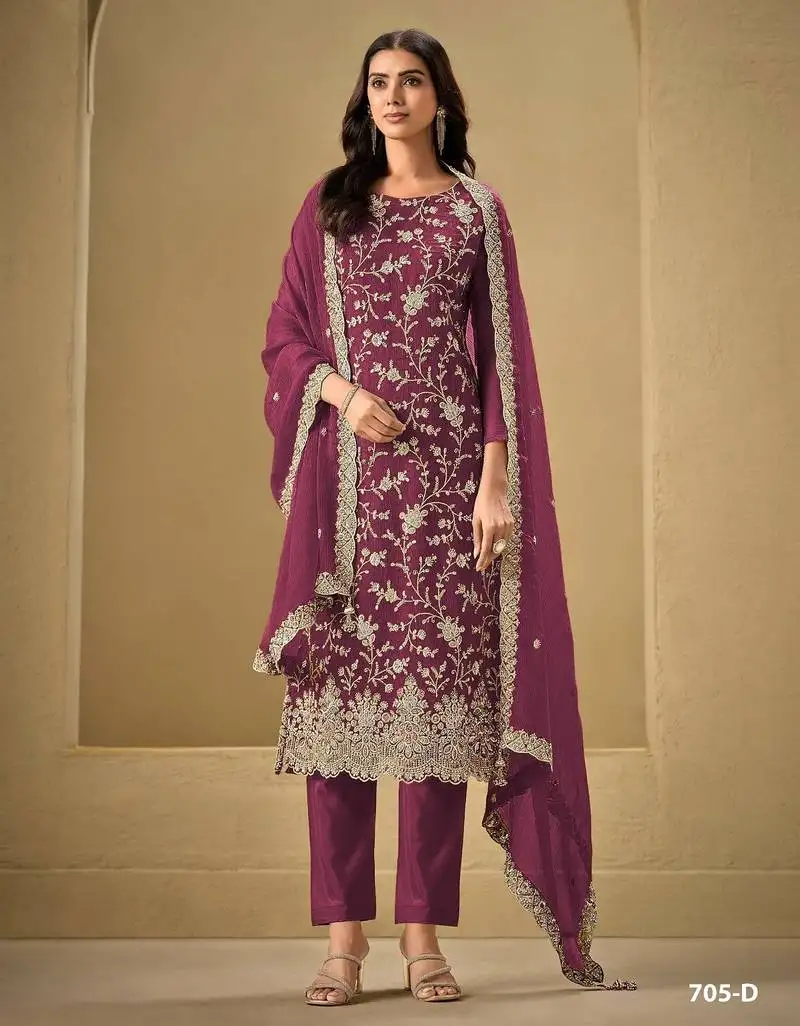Magenta chinon silk semi stitched wedding suits