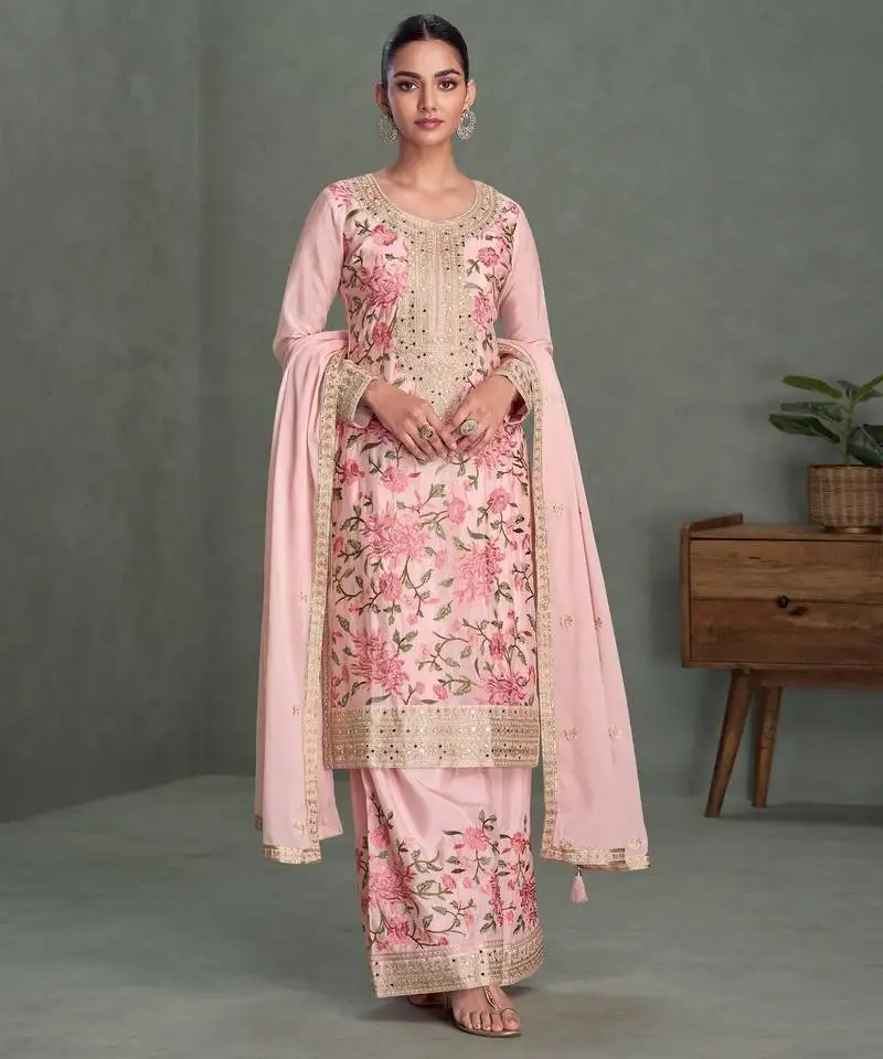 Light pink chinon heavy embroidery free size upto 42 stitched wedding palazzo suits