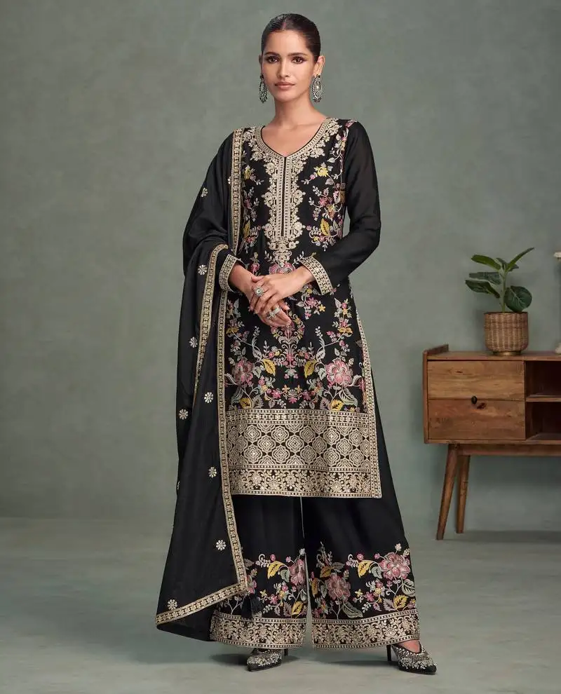 Black chinon heavy embroidery free size upto 42 stitched wedding palazzo suits