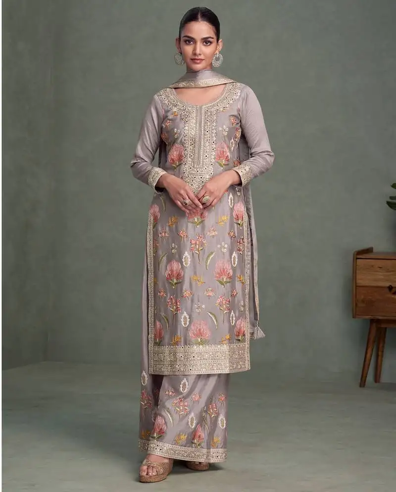 Light purple chinon heavy embroidery free size upto 42 stitched wedding palazzo suits