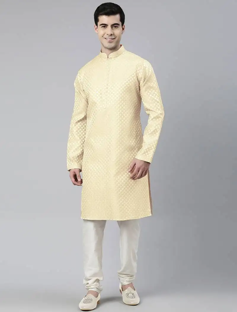 Cream scallop premium self- design kurta set