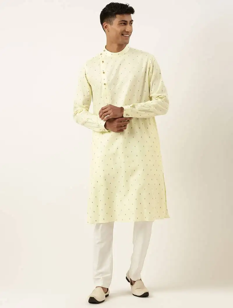 Cotton pastel yellow booti side open kurta set