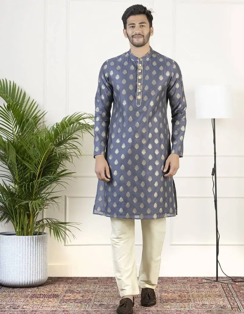 Navy jacquard golden booti chanderi silk kurta set