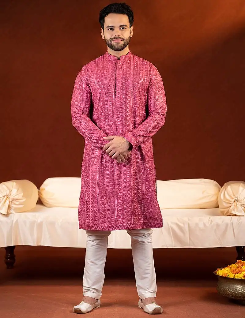 Pink sequin embroidered kurta set