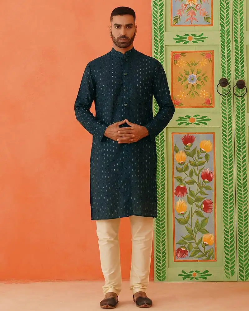 Charcoal blue embroidered front open embroidered kurta set