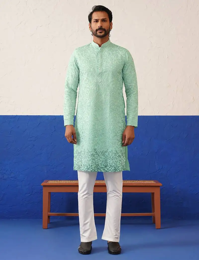 Powder green embroidered kurta set