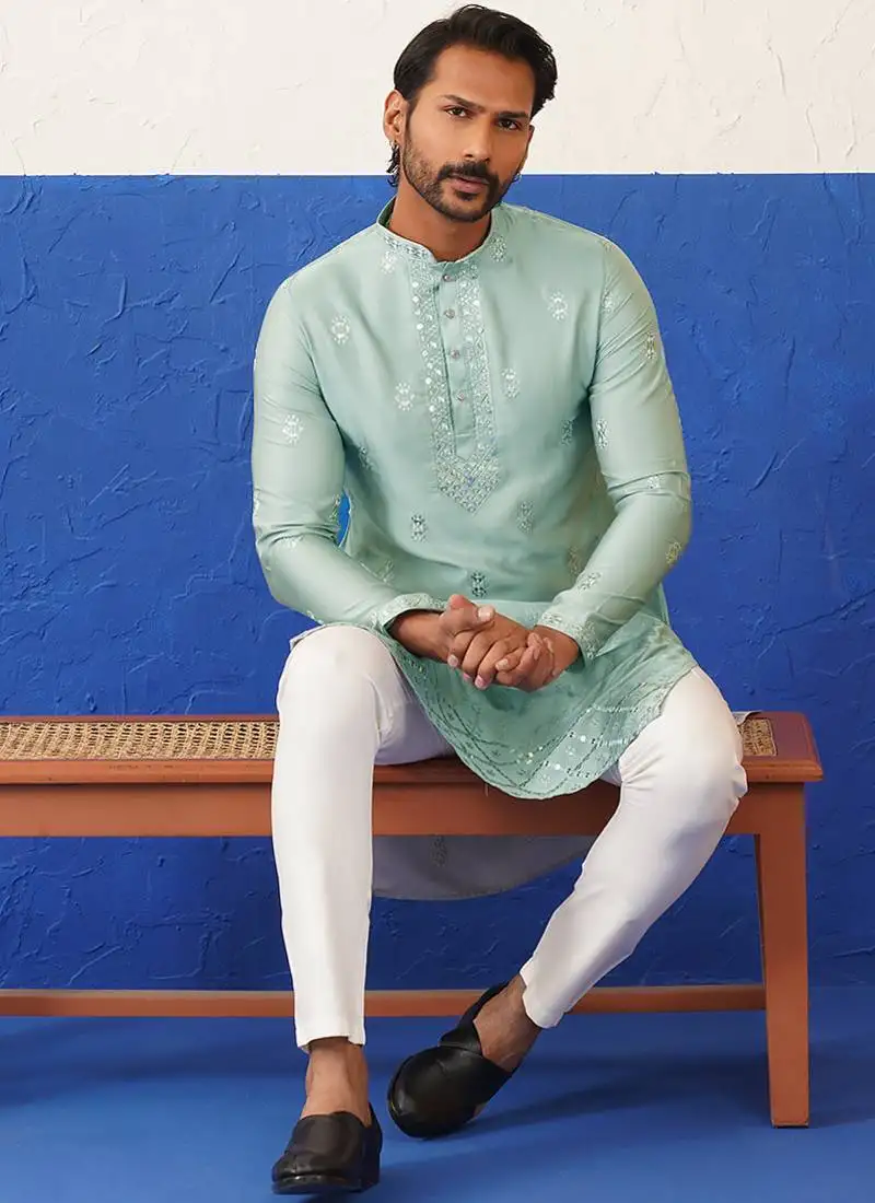 Aqua blue sequin embroidered ceremonial kurta set