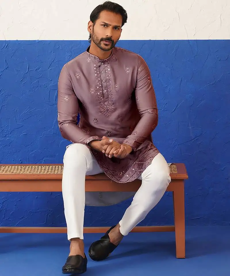 Brown sequin embroidered ceremonial kurta set