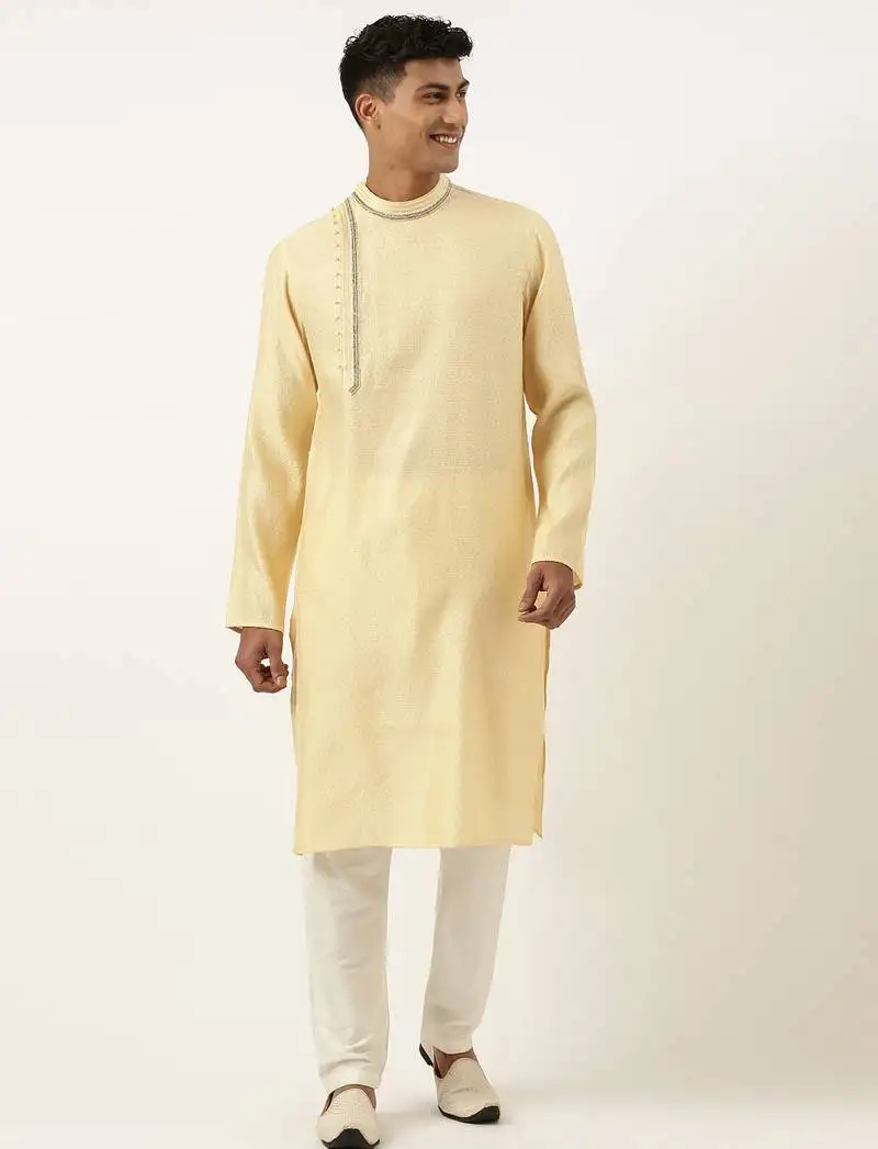 Jacquard angrakha style yellow kurta with side placket