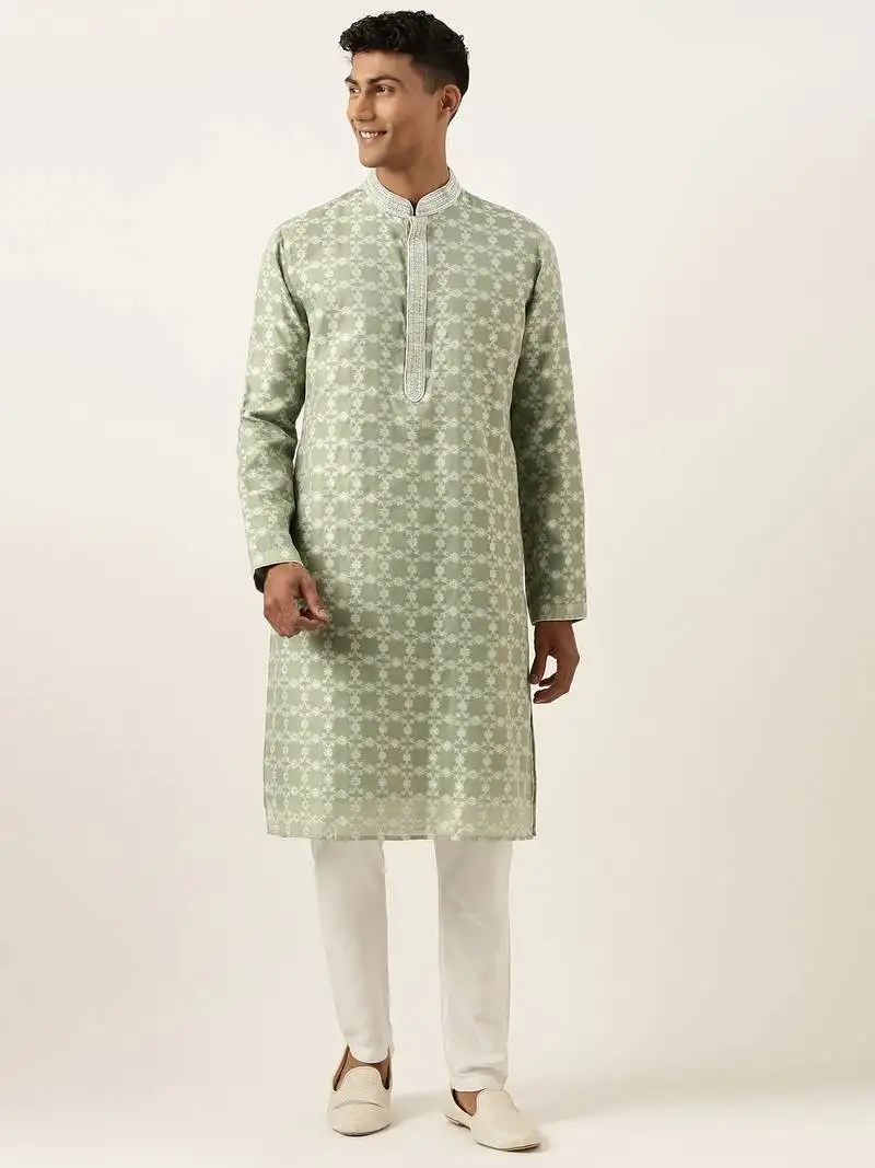 Green jacquard silk kurta set