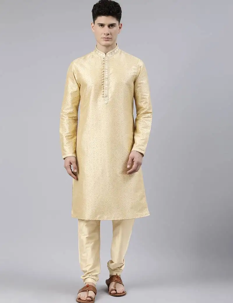 Beige art silk kurta set with shining golden khadi print