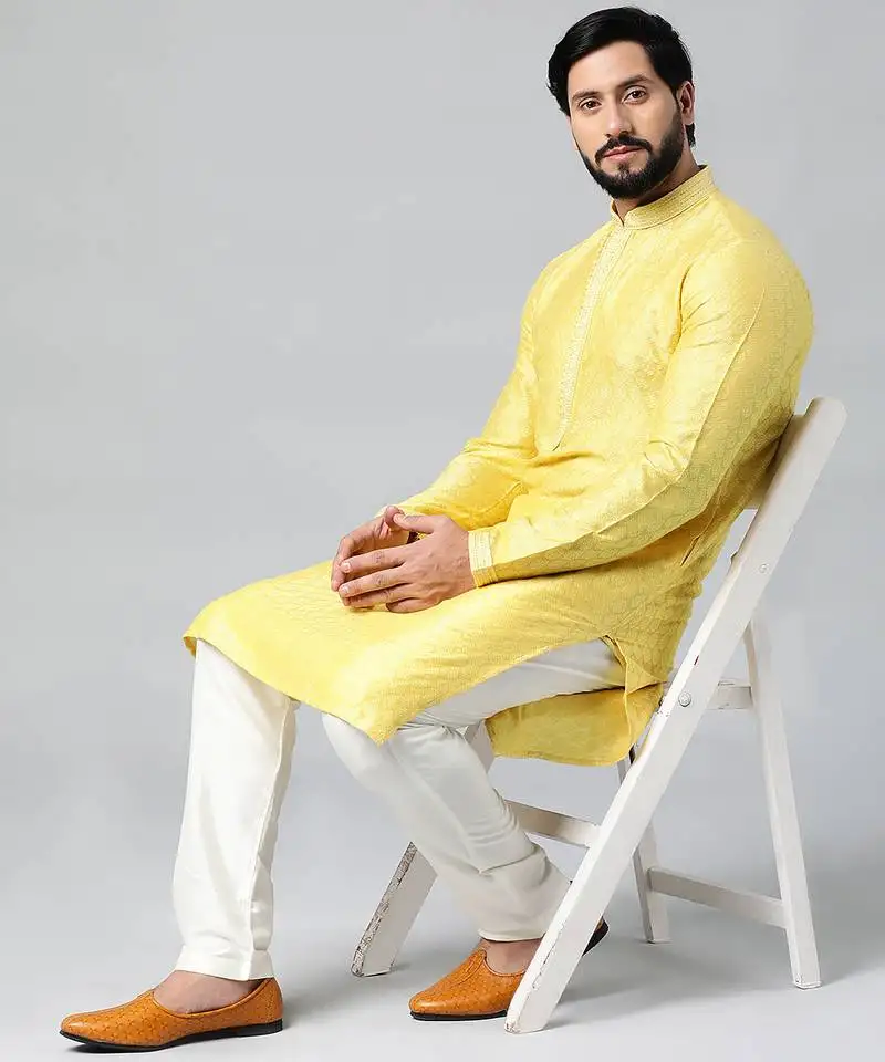 Jacquard yellow kurta set