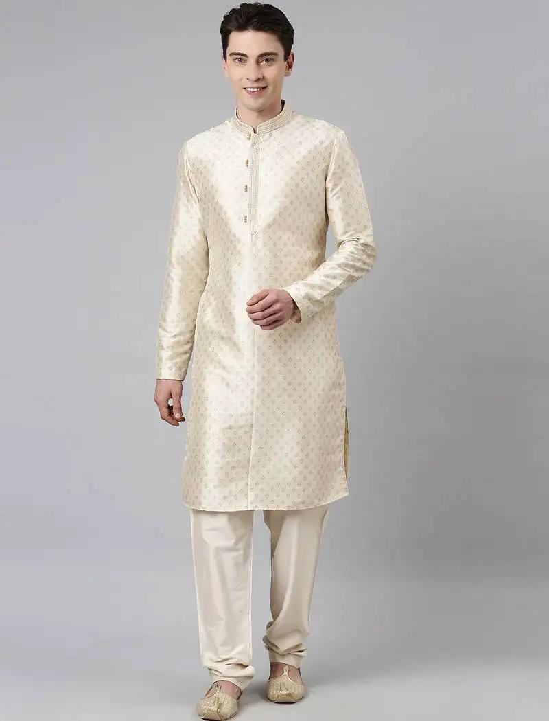 Cream silk gold printed kurta set