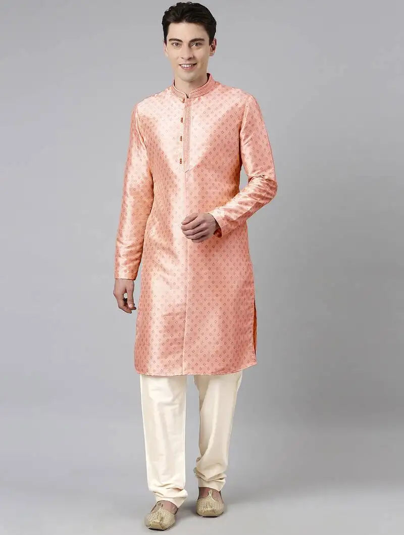 Peach silk gold printed kurta set