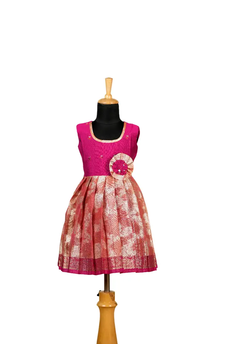 Girls pink silver poppy pattu pavadai frocks