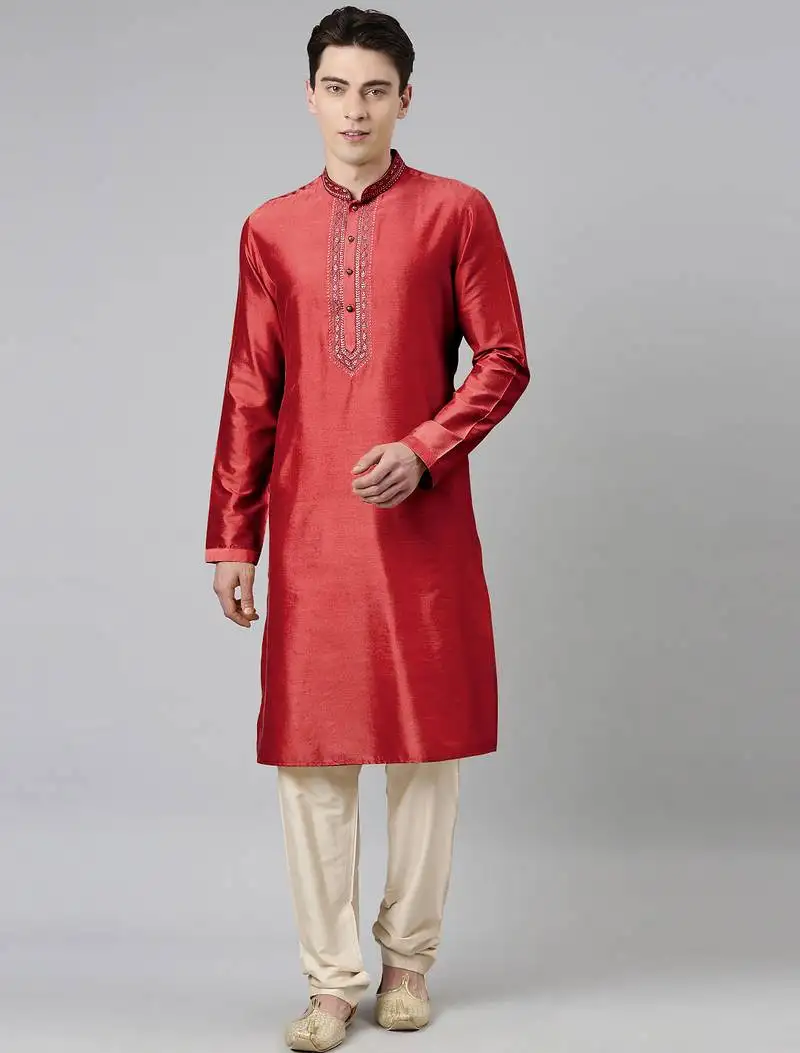 Maroon silk embroidery kurta set