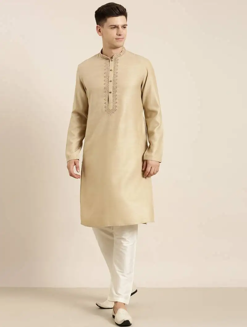 Beige cotton dori embroidered kurta