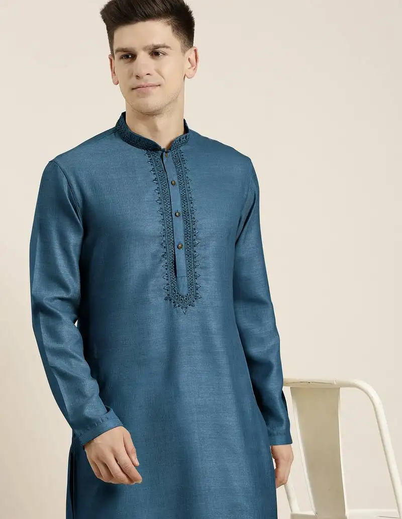 Denim blue cotton dori embroidered kurta