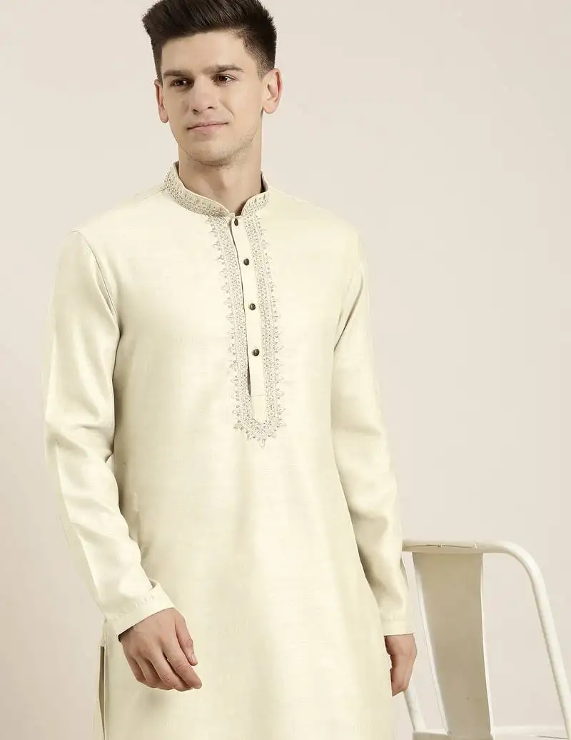 Cream cotton dori embroidered kurta
